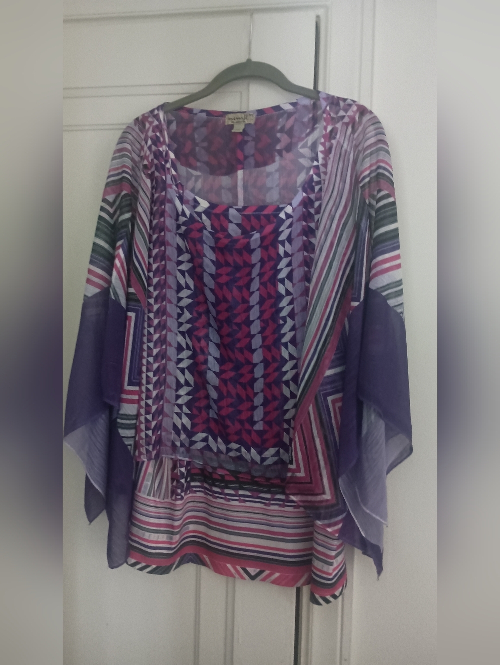 ONE WORLD Purple Geo-Print Sheer Tunic